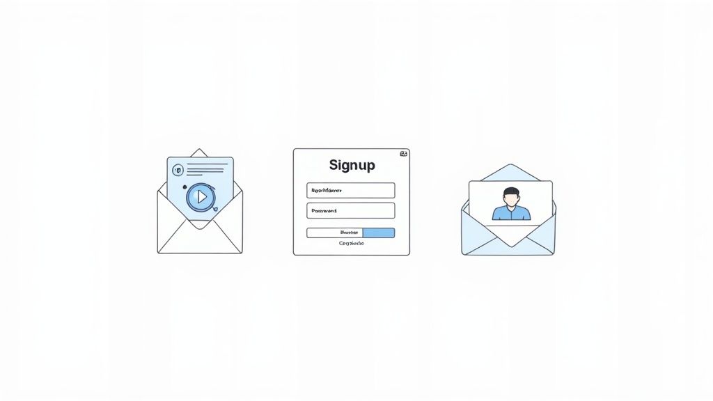 Three line-art illustrations depicting email content, a signup form, and a user profile icon.