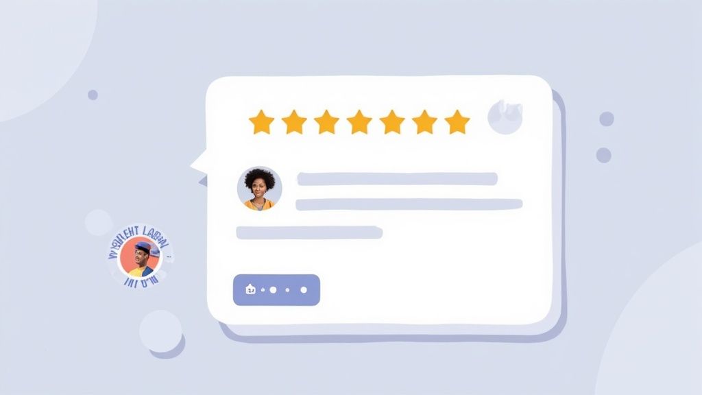 A digital user review card displays seven gold stars, a smiling user profile picture, and review text placeholders.