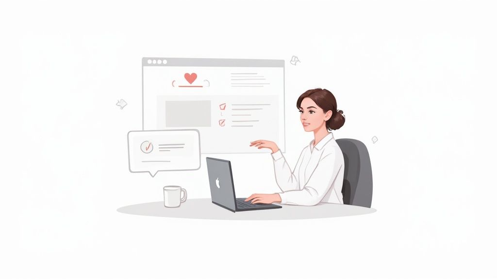 Illustration of a woman using a laptop, interacting with a web application interface and task list.