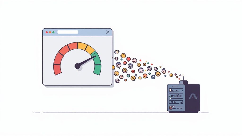 An illustration showing a browser window with a performance meter in green, sending happy user data to a server.