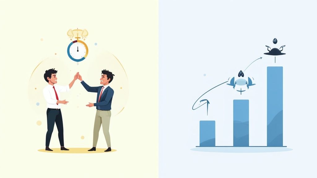 Illustration of two men high-fiving with a timer, representing teamwork and a bar graph showing progress.