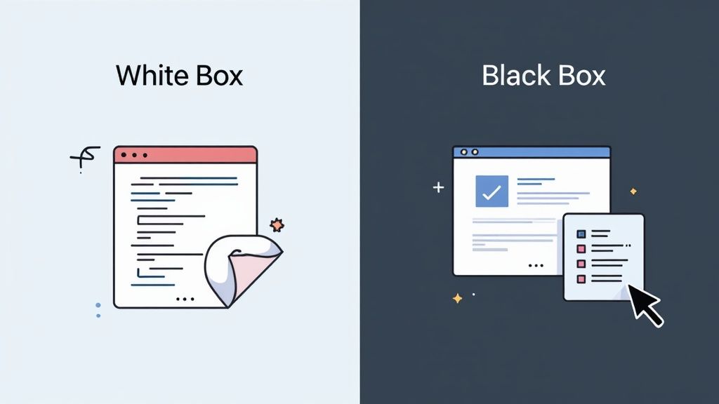 Illustration contrasting white box testing showing code with black box testing depicting user interface interaction.